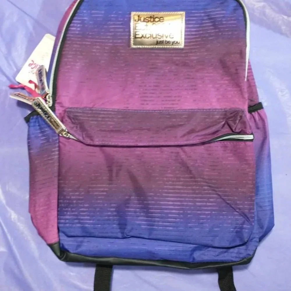 JUSTICE backpack book bag purples multi pocket